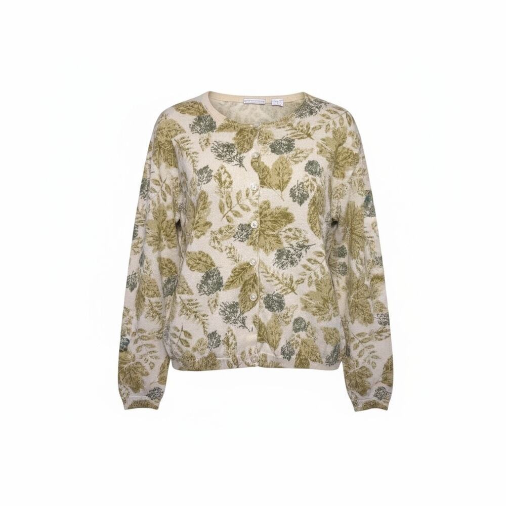 Vintage Leaf Floral Print Knit Cardigan Sweater Size Medium